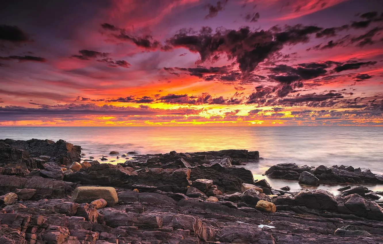 Photo wallpaper sea, the sky, stones, dawn, shore