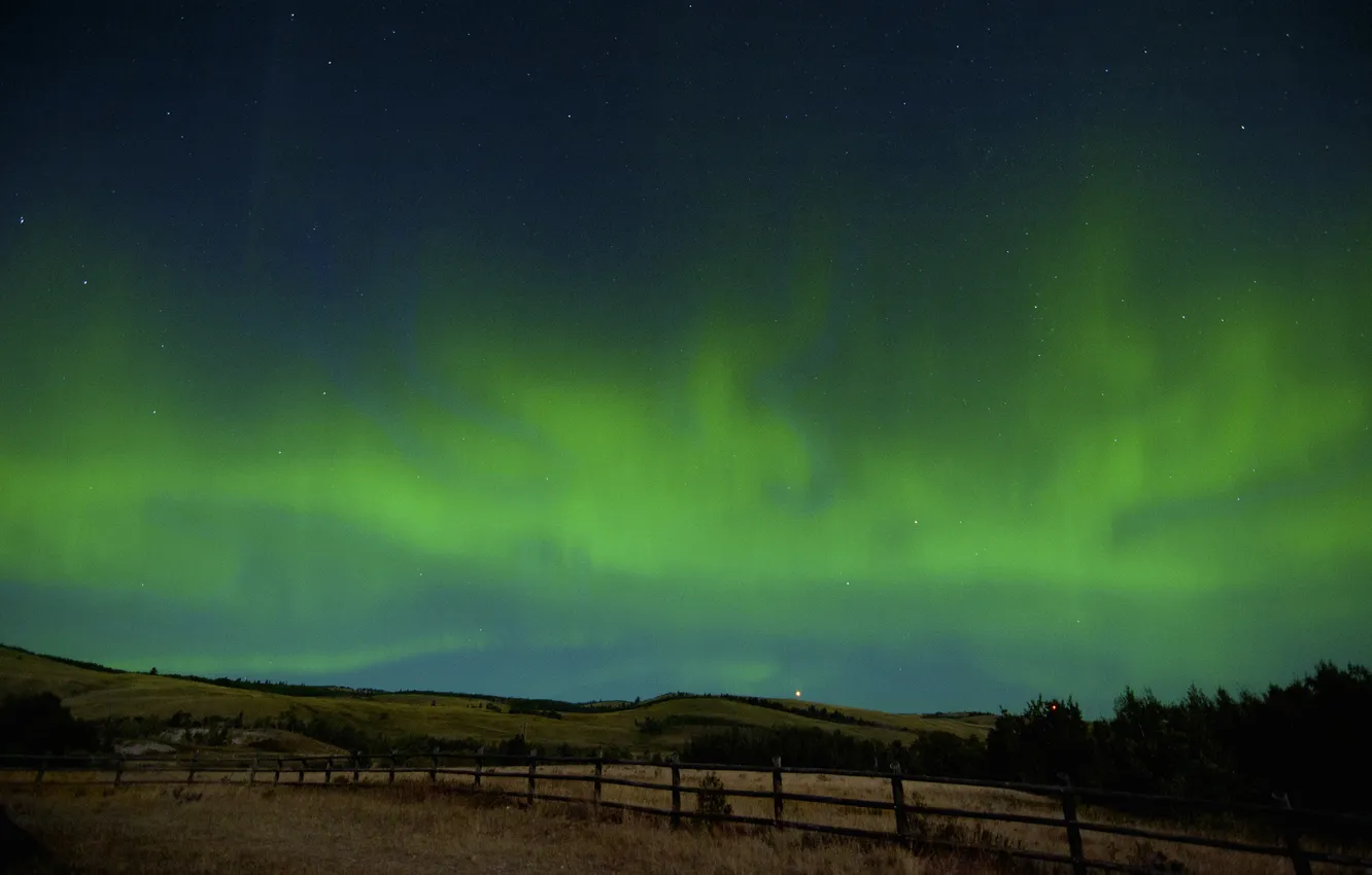 Photo wallpaper field, stars, mountains, the fence, Northern lights, farm