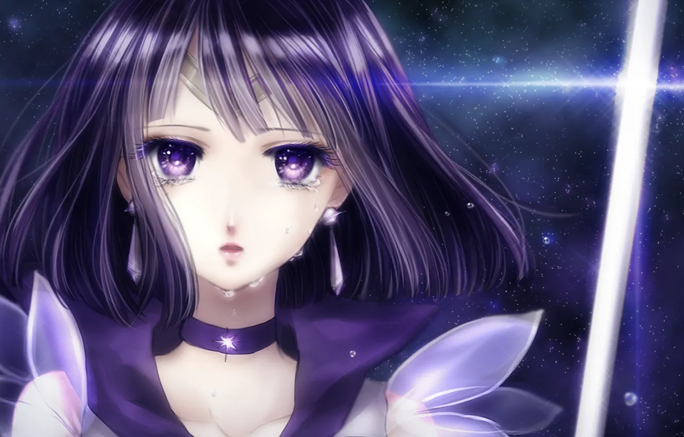 Photo wallpaper girl, sword, earrings, tears, bishoujo senshi sailor moon, sailor saturn, tomoe hotaru