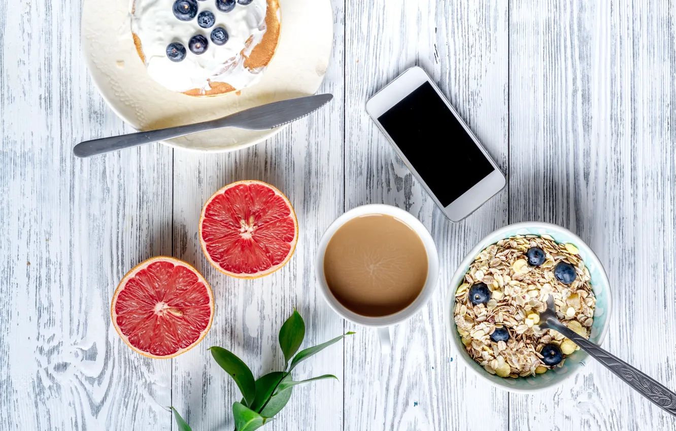 Photo wallpaper berries, Breakfast, blueberries, honey, pancakes, wood, grapefruit, breakfast