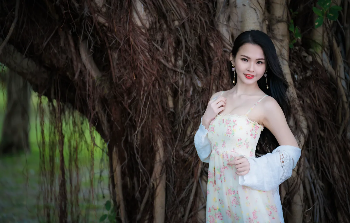 Photo wallpaper look, dress, brunette, Asian