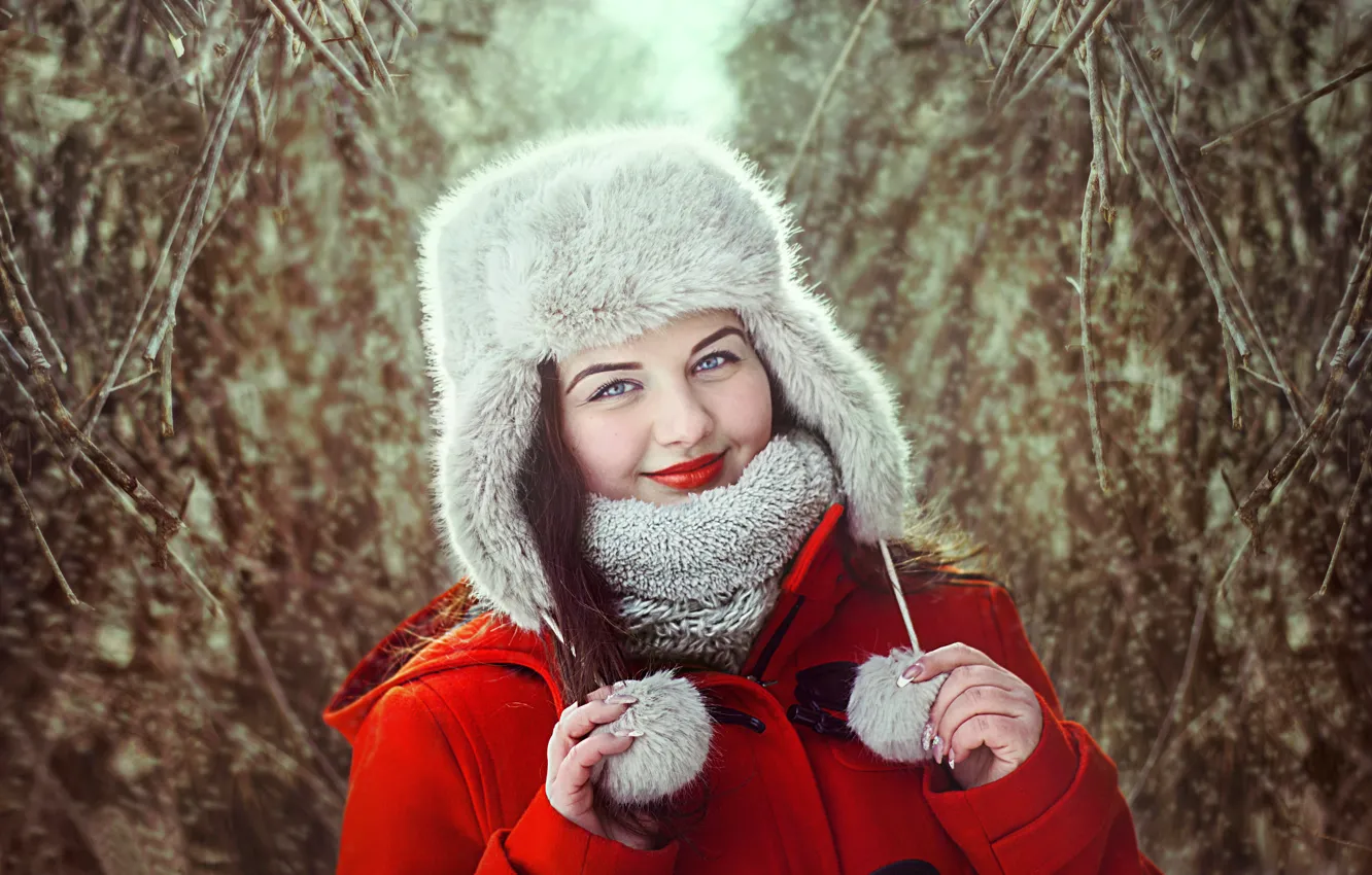 Photo wallpaper look, smile, hat, coat, bokeh, Danka