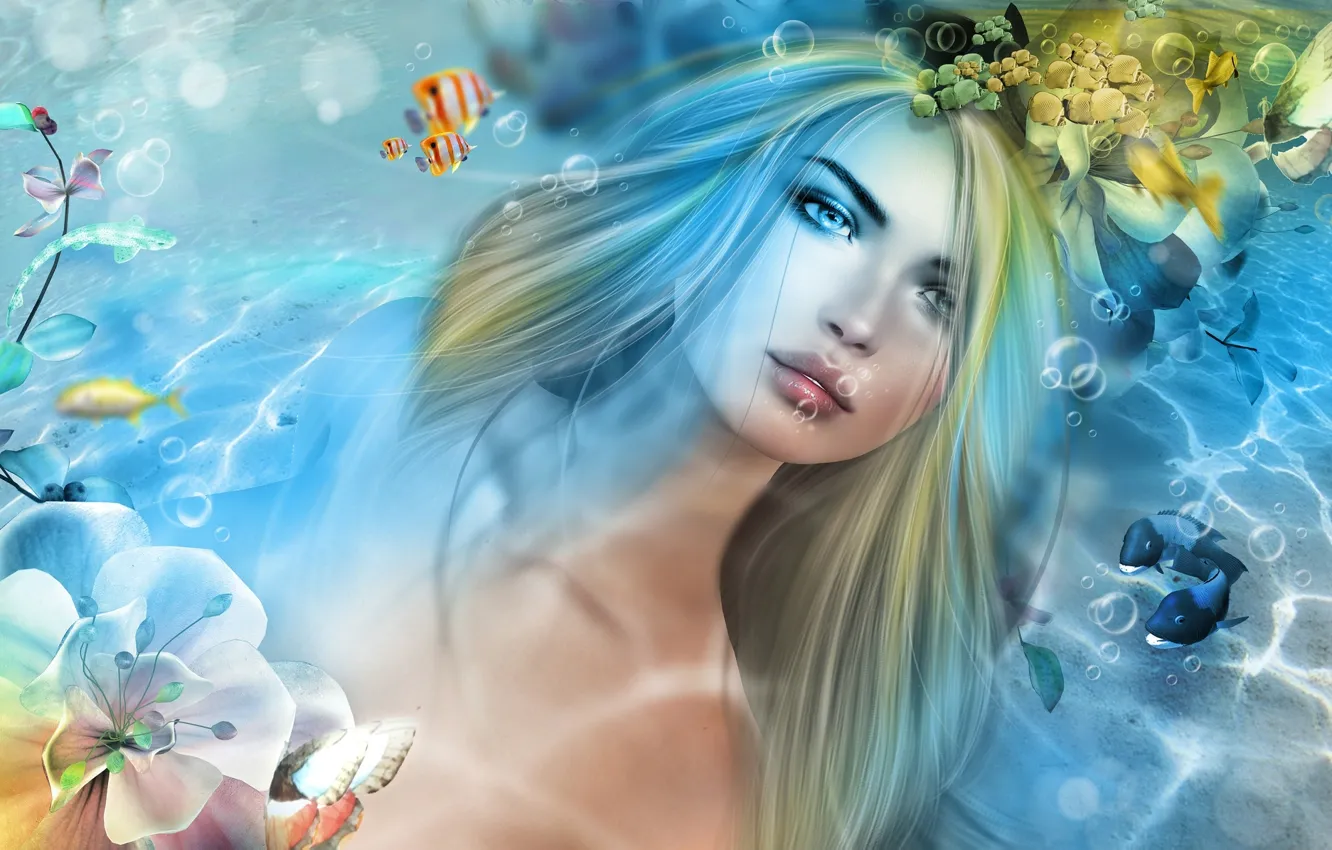 Photo wallpaper water, girl, fish, mermaid