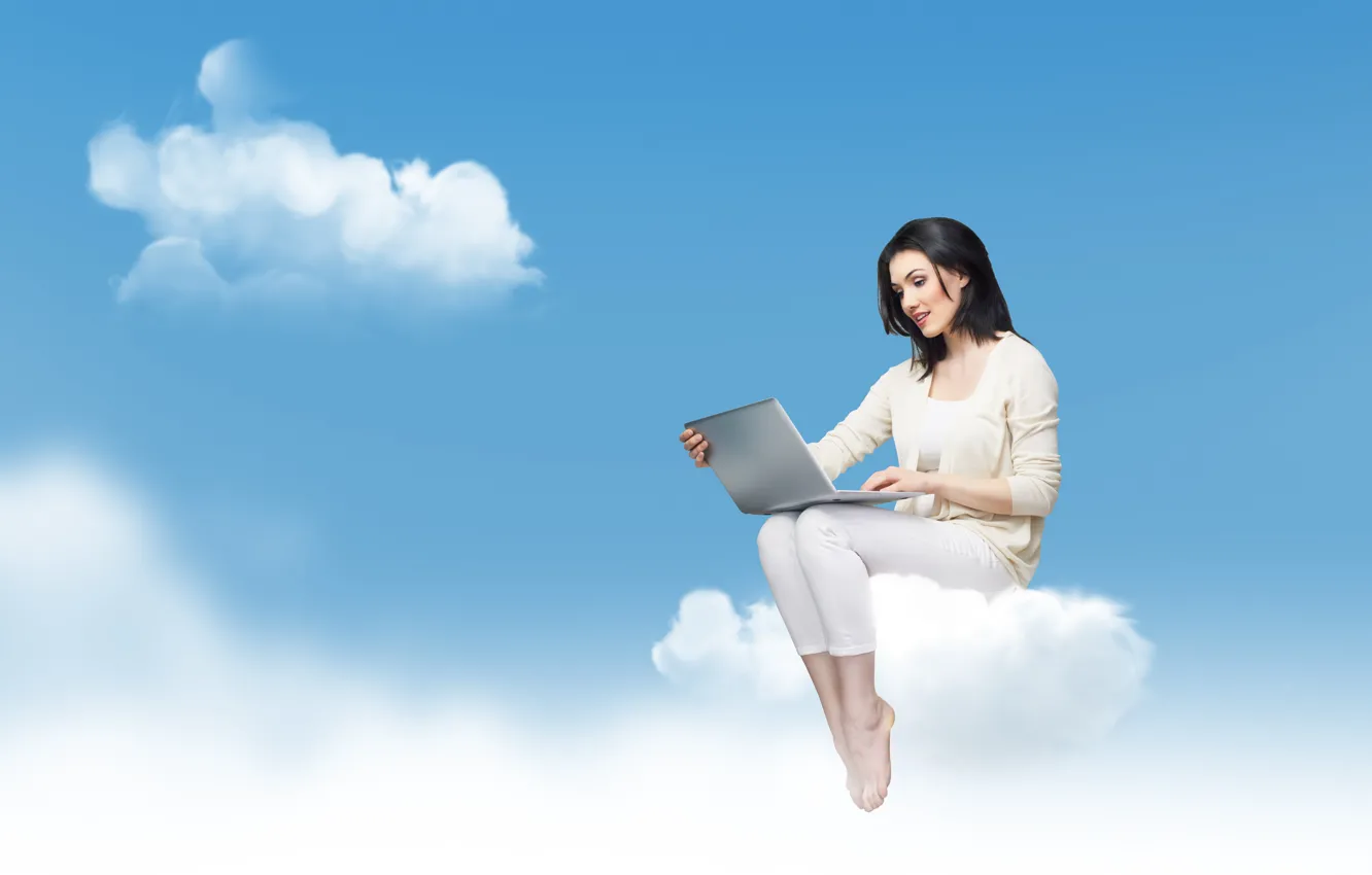 Photo wallpaper girl, clouds, smile, barefoot, cloud, brunette, costume, laptop