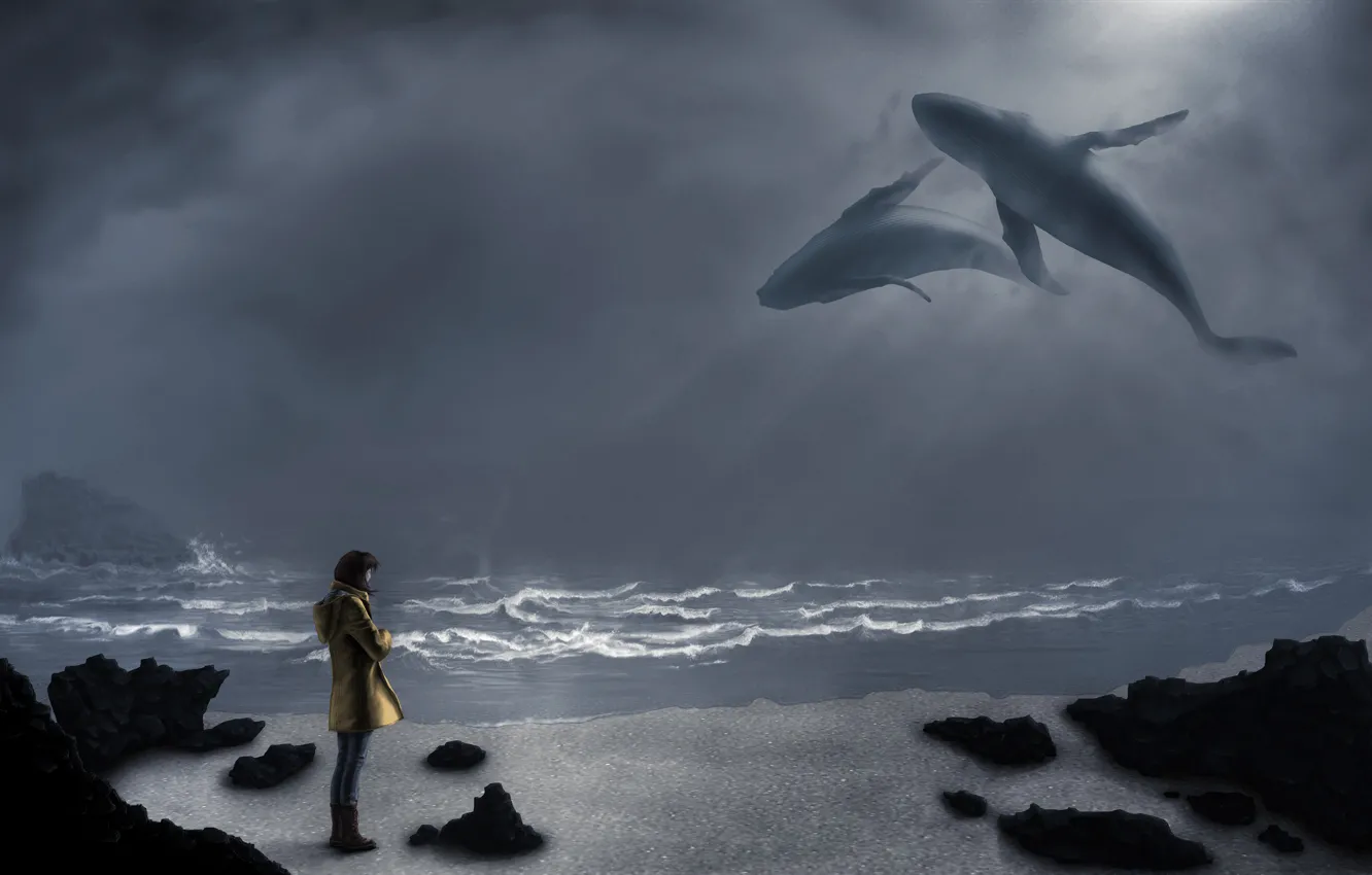 Photo wallpaper sea, the sky, look, girl, boots, whales, wave. stones, yellow jacket
