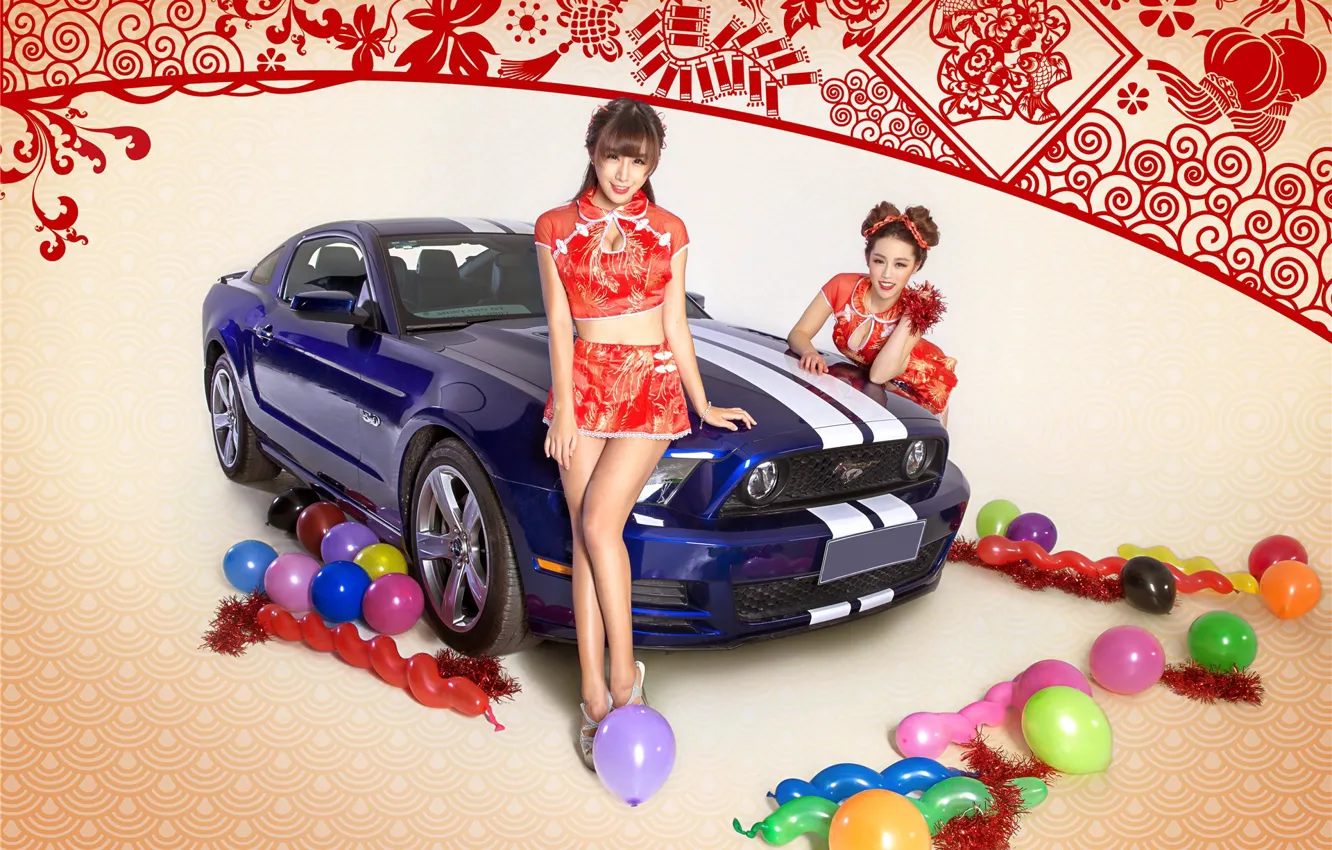 Photo wallpaper auto, look, balls, holiday, Ford, Girls, beautiful girls