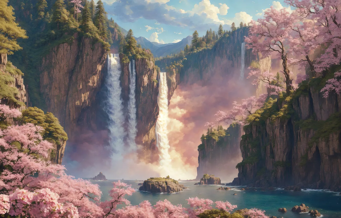 Photo wallpaper forest, river, nature, art, Day, waterfall, digital art, fantasy art