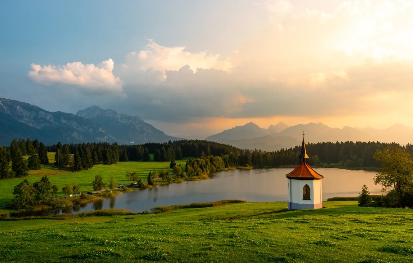 Photo wallpaper greens, forest, summer, the sky, grass, clouds, light, mountains