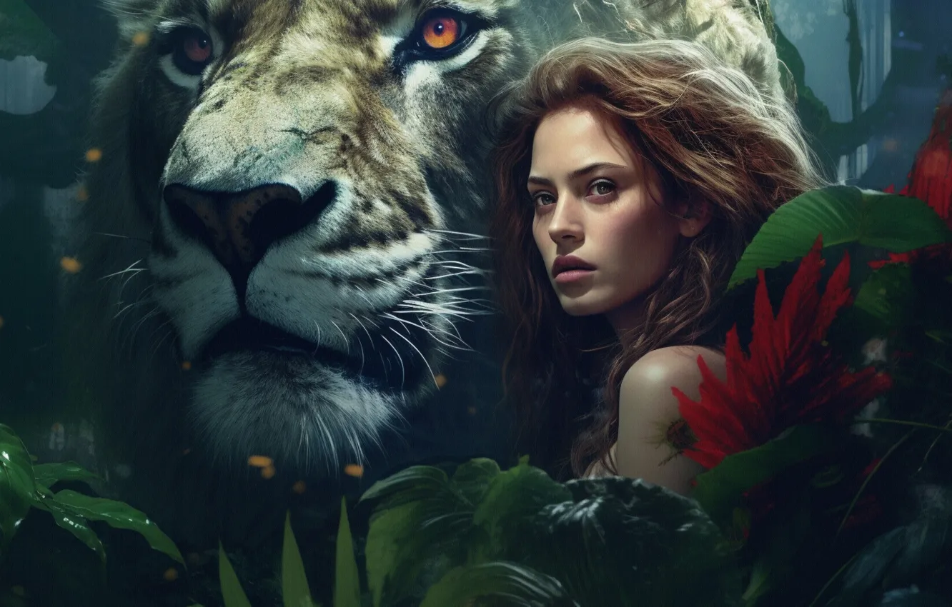 Photo wallpaper look, face, leaves, girl, pose, Leo, jungle, fantasy