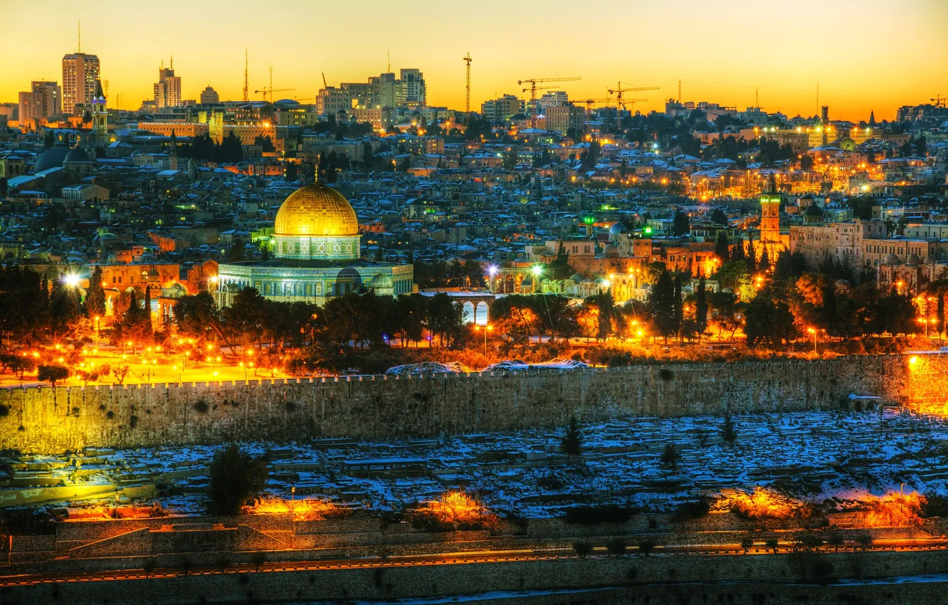 Photo wallpaper lights, the evening, Israel, lights, home, trees, Jerusalem