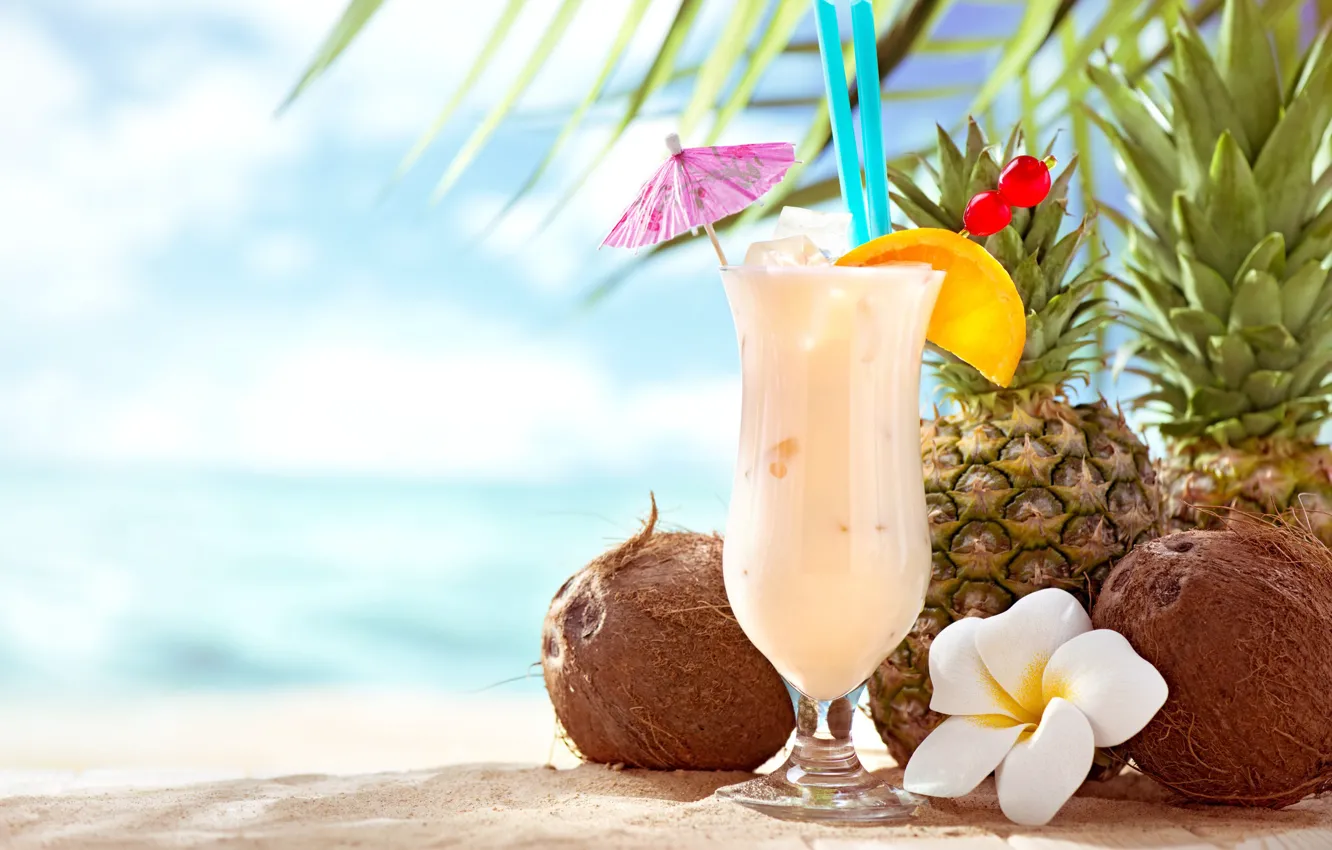 Photo wallpaper umbrella, ice, glass, plumeria, cocktail, coconut, orange, pineapple