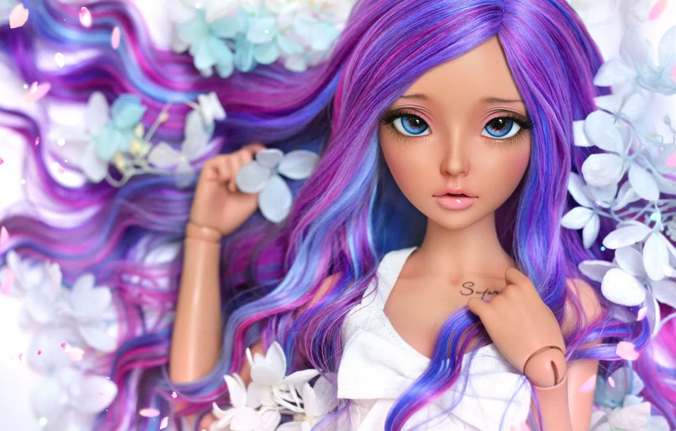 Photo wallpaper girl, flowers, hair, doll