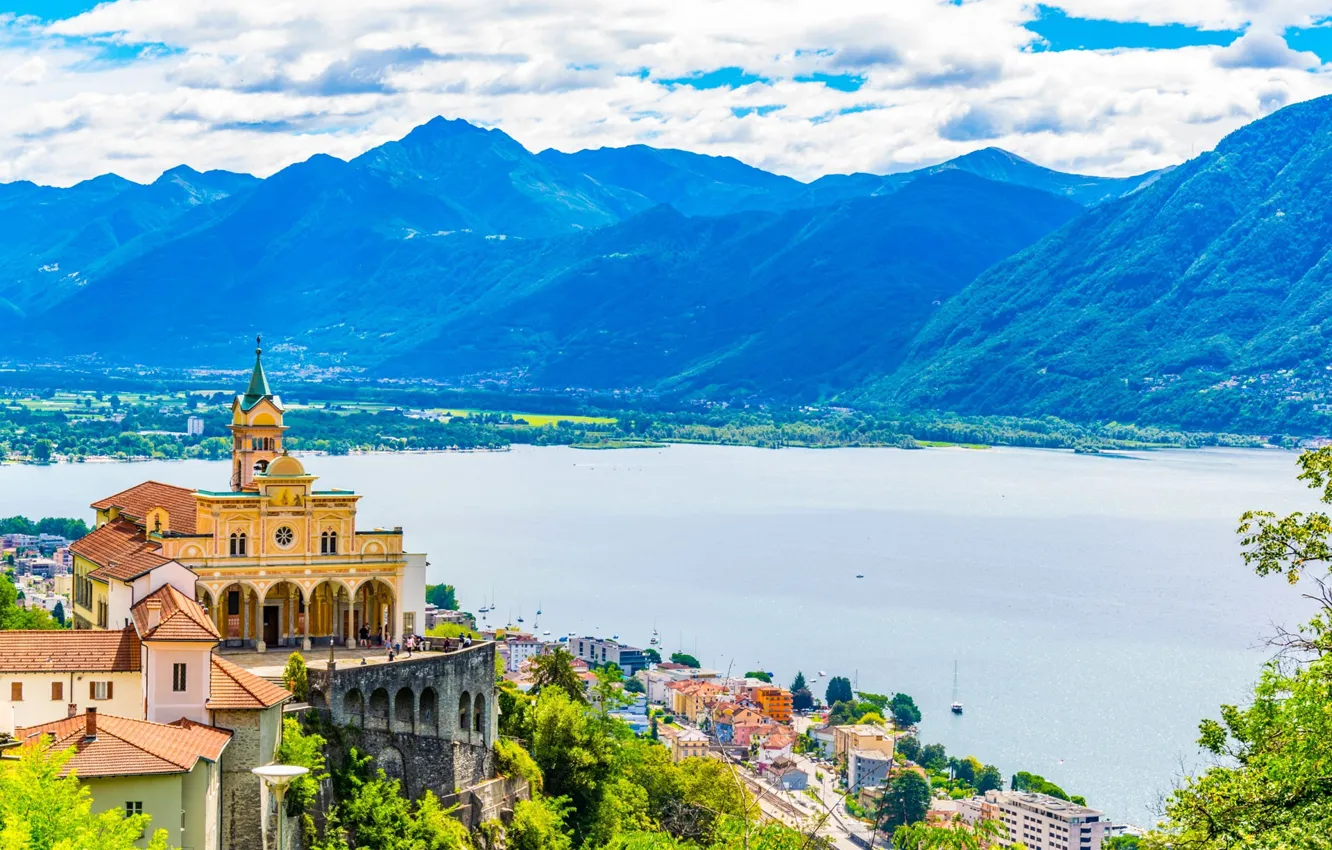 Photo wallpaper mountains, lake, Switzerland, Alps, Church, Maggiore, Locarno, Sanctuary of Madonna del Sasso