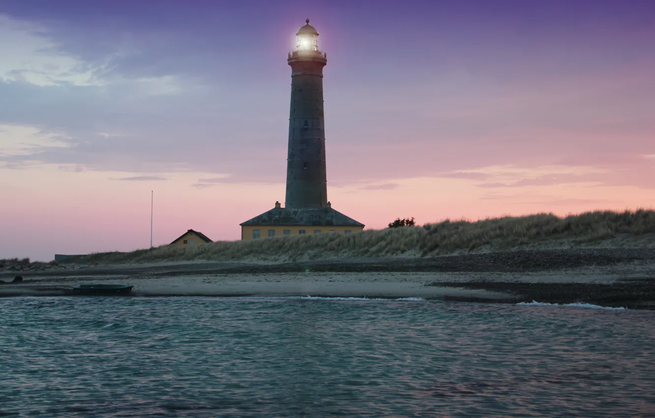Photo wallpaper sea, sunset, shore, lighthouse, Denmark, horizon, light, skyline