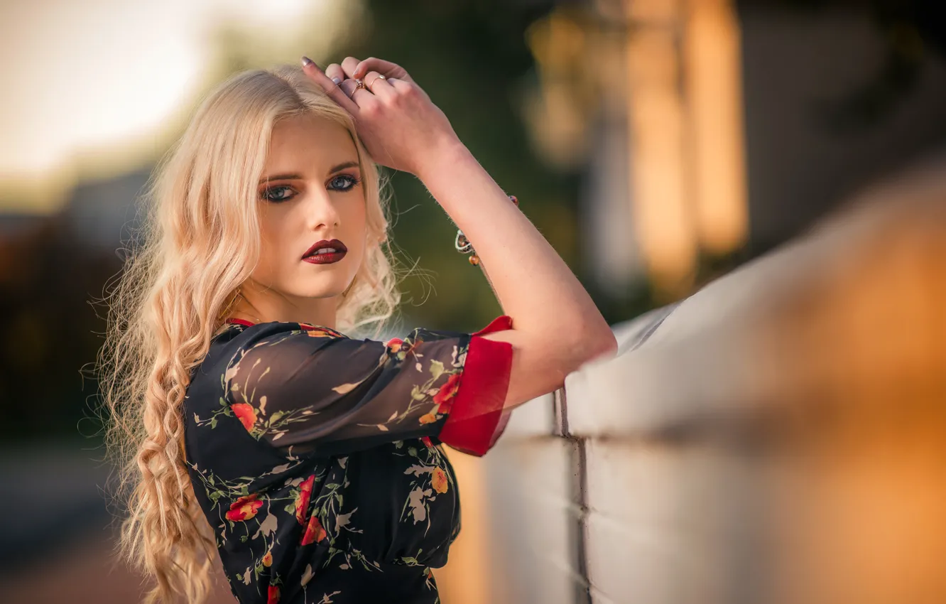 Photo wallpaper eyes, look, face, background, model, hair, makeup, dress