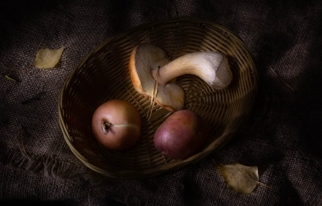 Photo wallpaper mushrooms, bow, still life, network, burlap, potatoes, autumn leaves