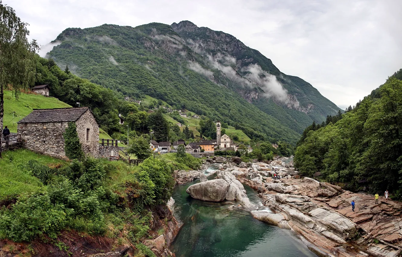 Photo wallpaper forest, the sky, trees, mountains, river, stones, people, rocks