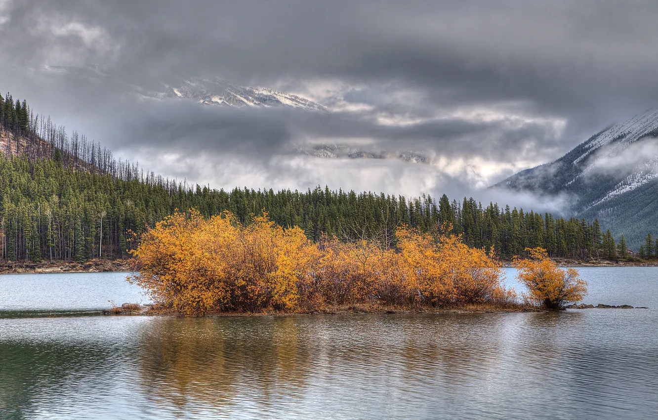 Photo wallpaper autumn, the sky, trees, mountains, clouds, lake, island