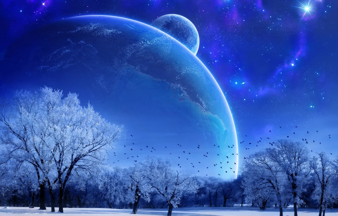 Photo wallpaper winter, stars, landscape, planet