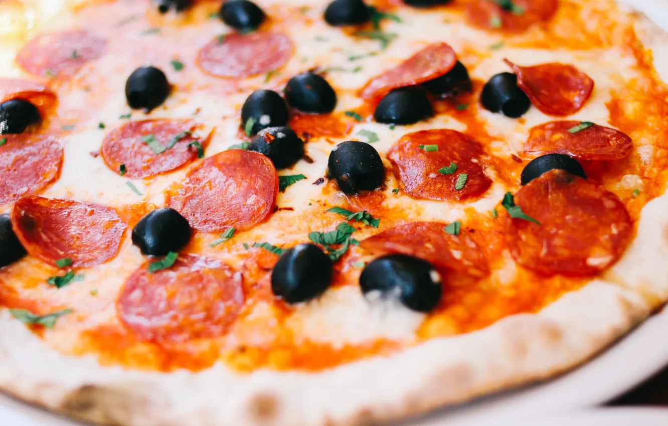 Photo wallpaper the dough, pizza, cheese, pizza, greens, olives, sausages, salami
