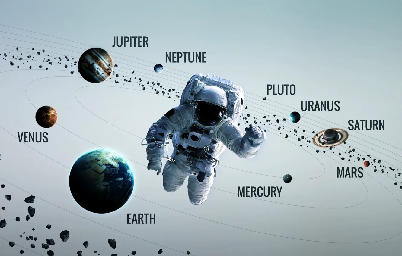 Photo wallpaper Saturn, Space, Earth, Planet, Astronaut, Astronaut, Mars, Jupiter