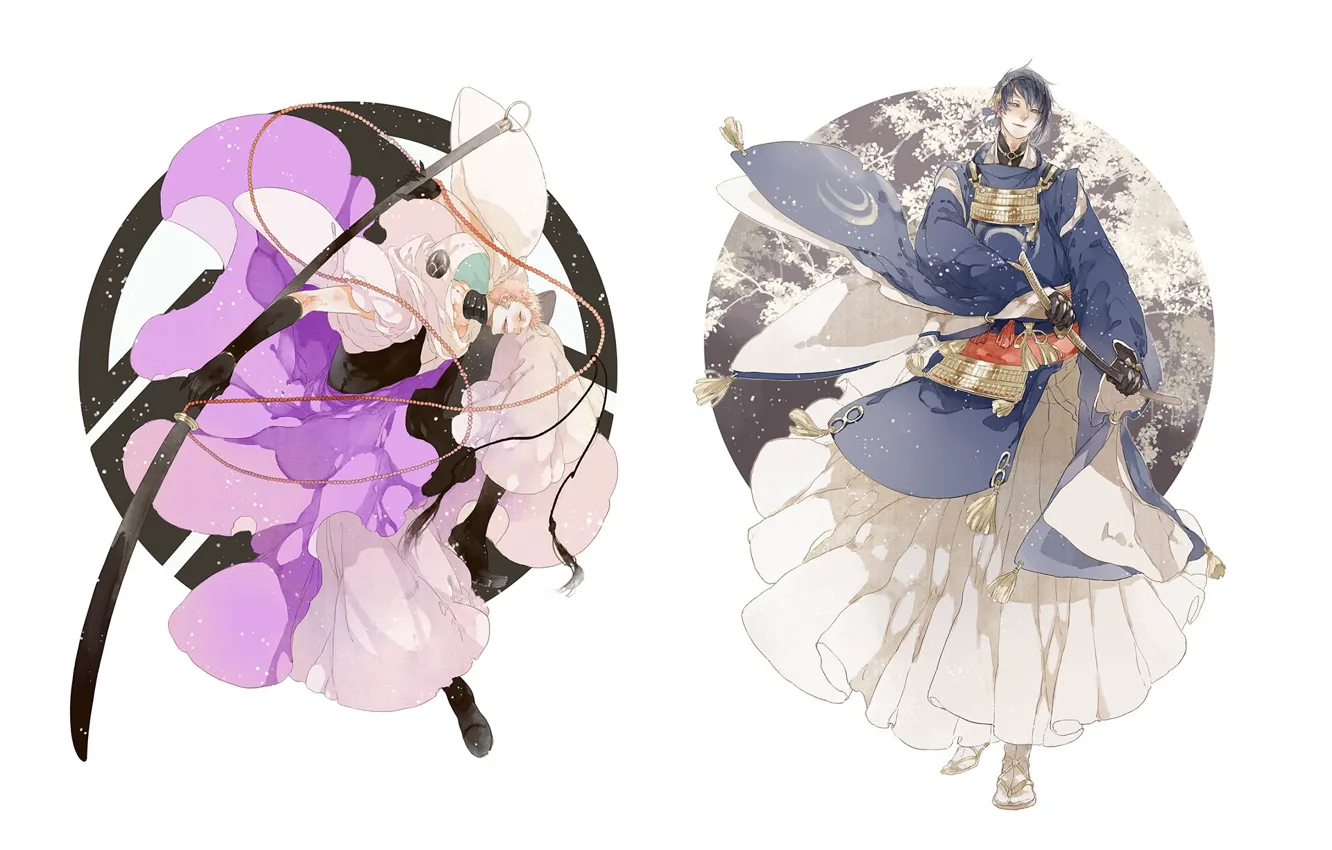 Photo wallpaper katana, samurai, white background, gloves, Japanese clothing, Touken Ranbu, Mikazuki Munechika, Dance of swords