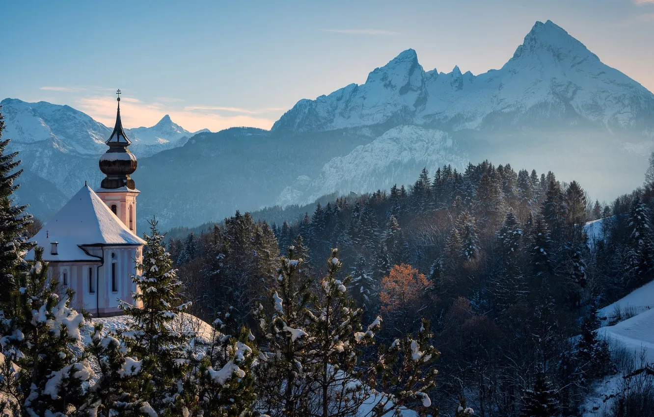 Photo wallpaper winter, forest, mountains, Church