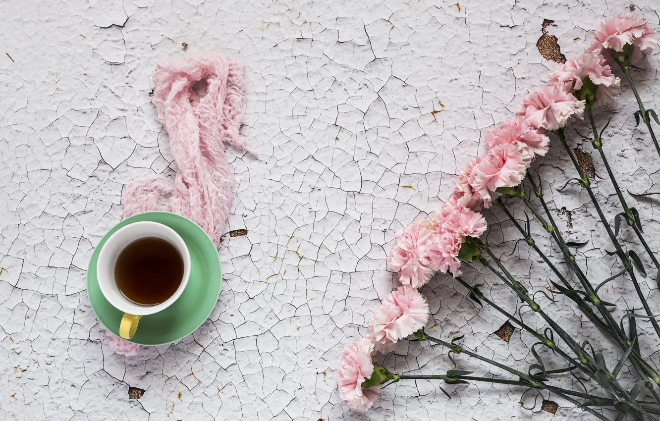 Photo wallpaper flowers, pink, wood, pink, carnation, flowers, cup, coffee