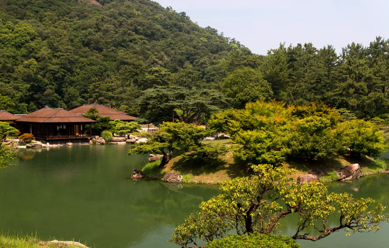 Photo wallpaper greens, trees, pond, Park, Japan, the bushes, Takamatsu Ritsu? garden, gazebos