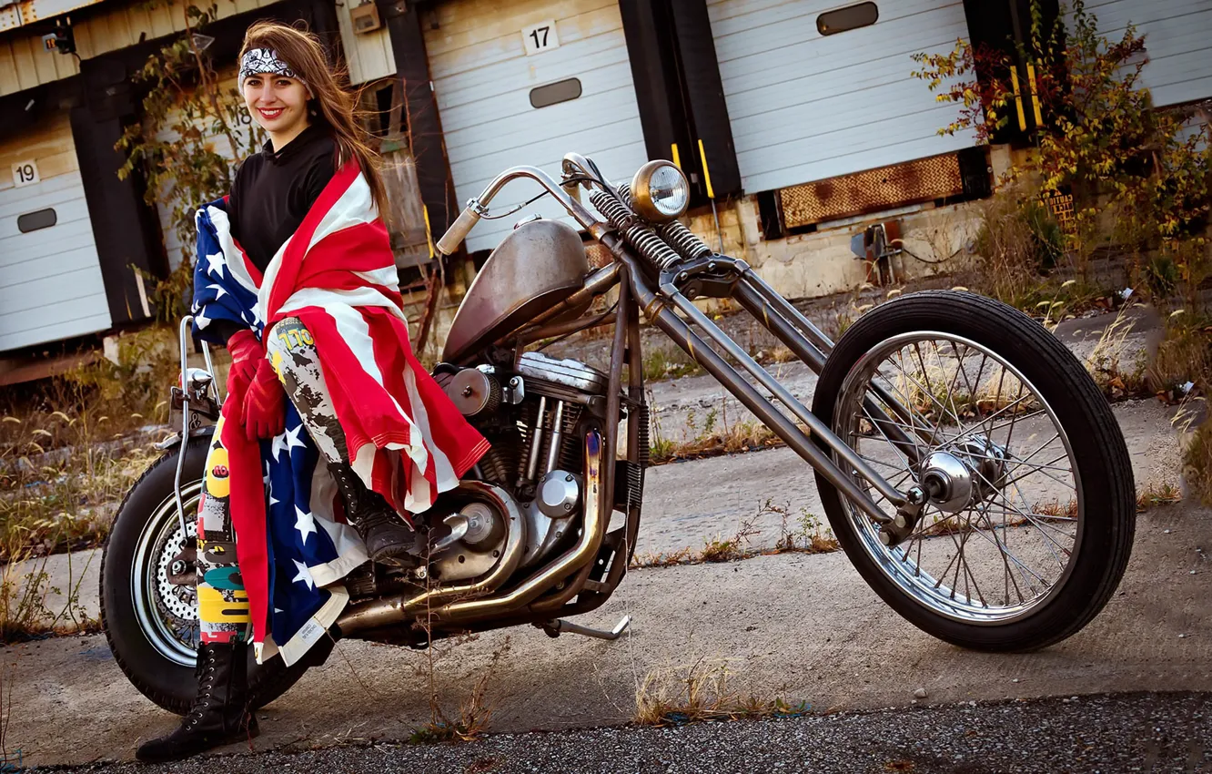 Photo wallpaper chopper, motorcycle, model, american flag, Katerina, American Girl
