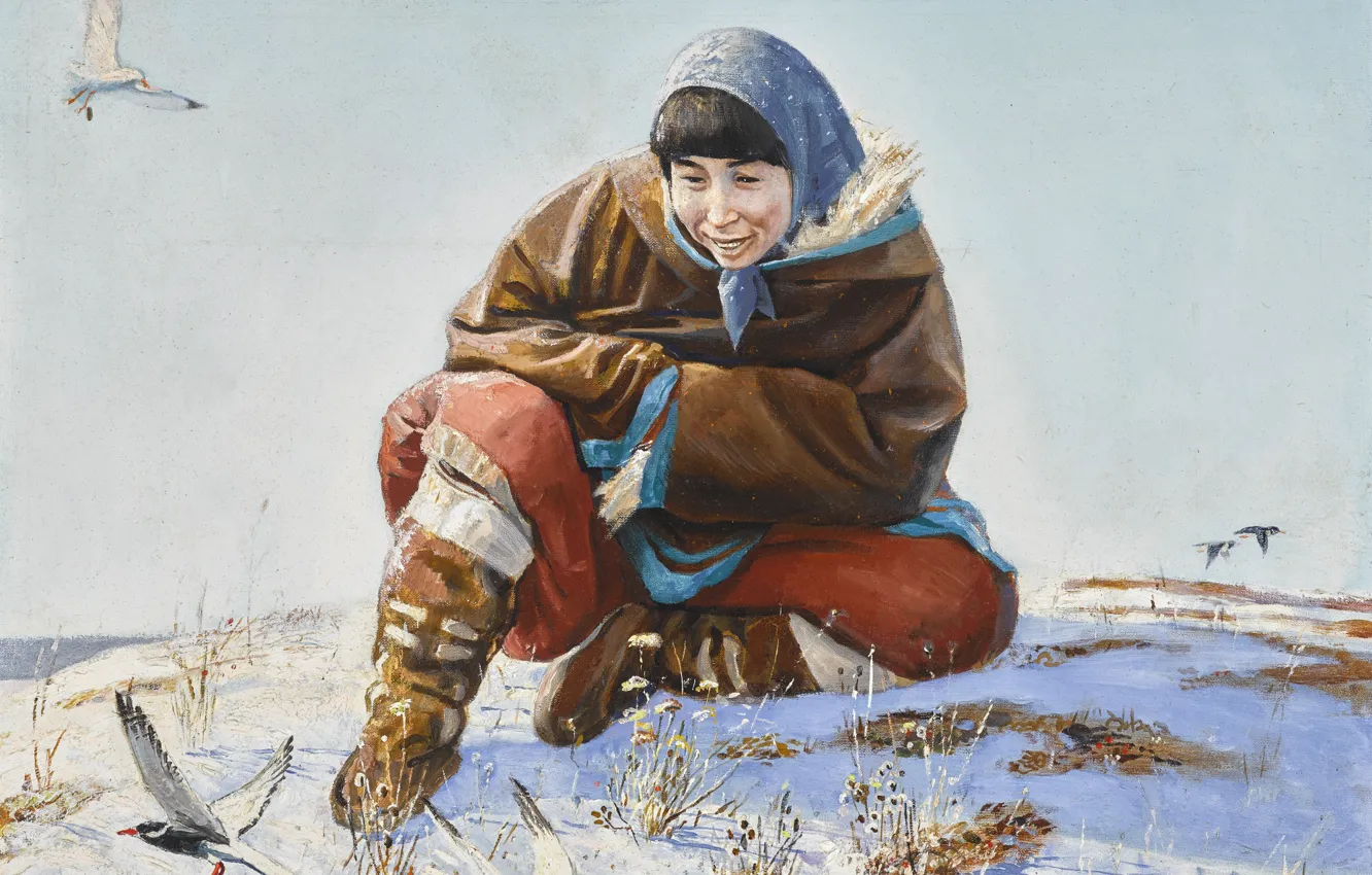 Photo wallpaper winter, birds, Andrei Alekseevich Yakovlev, a woman in a scarf, ARCTIC WONDER