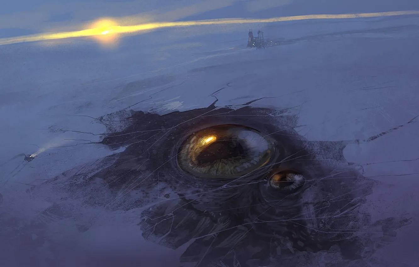 Photo wallpaper ice, winter, eyes, the sun, snow, sunset, station, art