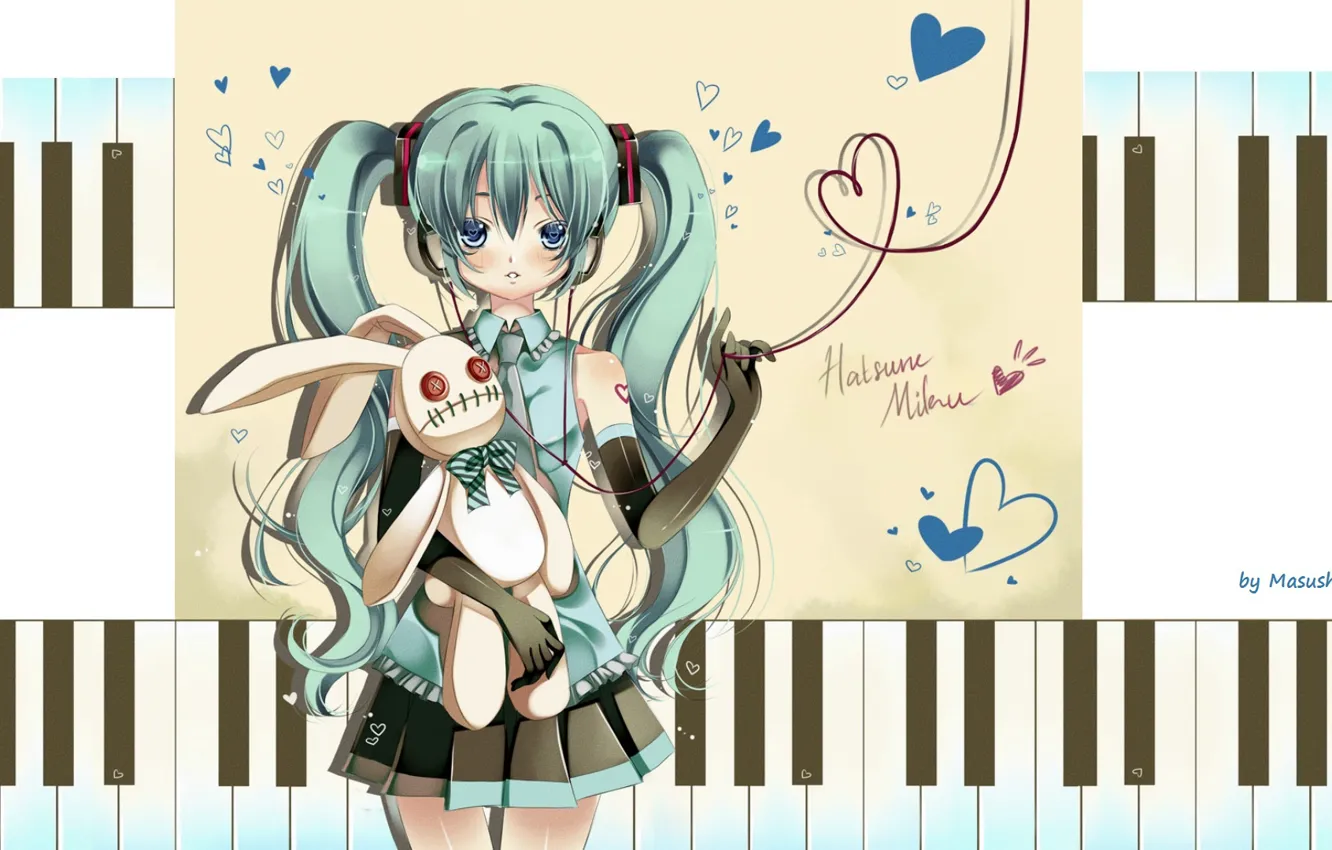 Photo wallpaper headphones, keys, tie, hearts, gloves, vocaloid, Hatsune Miku, Vocaloid