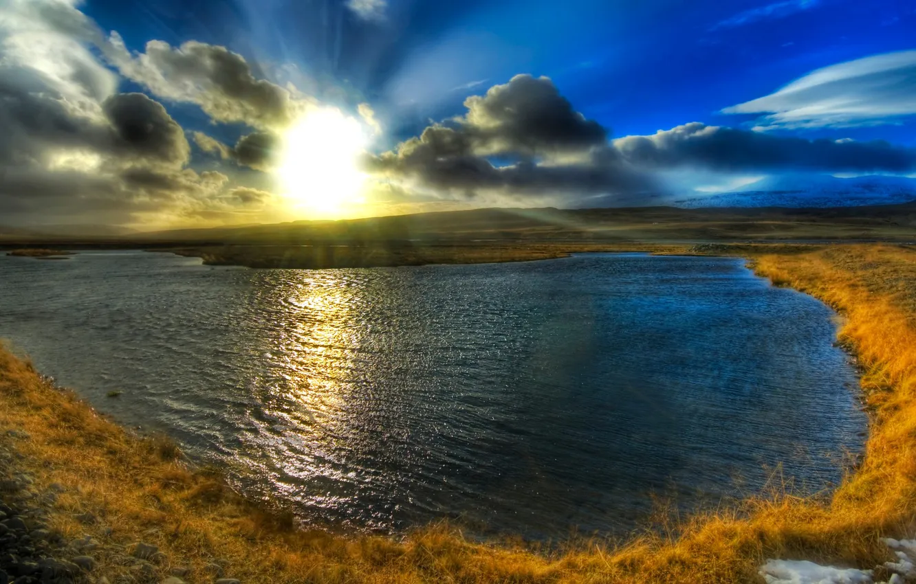 Photo wallpaper the sky, clouds, sunset, river, HDR