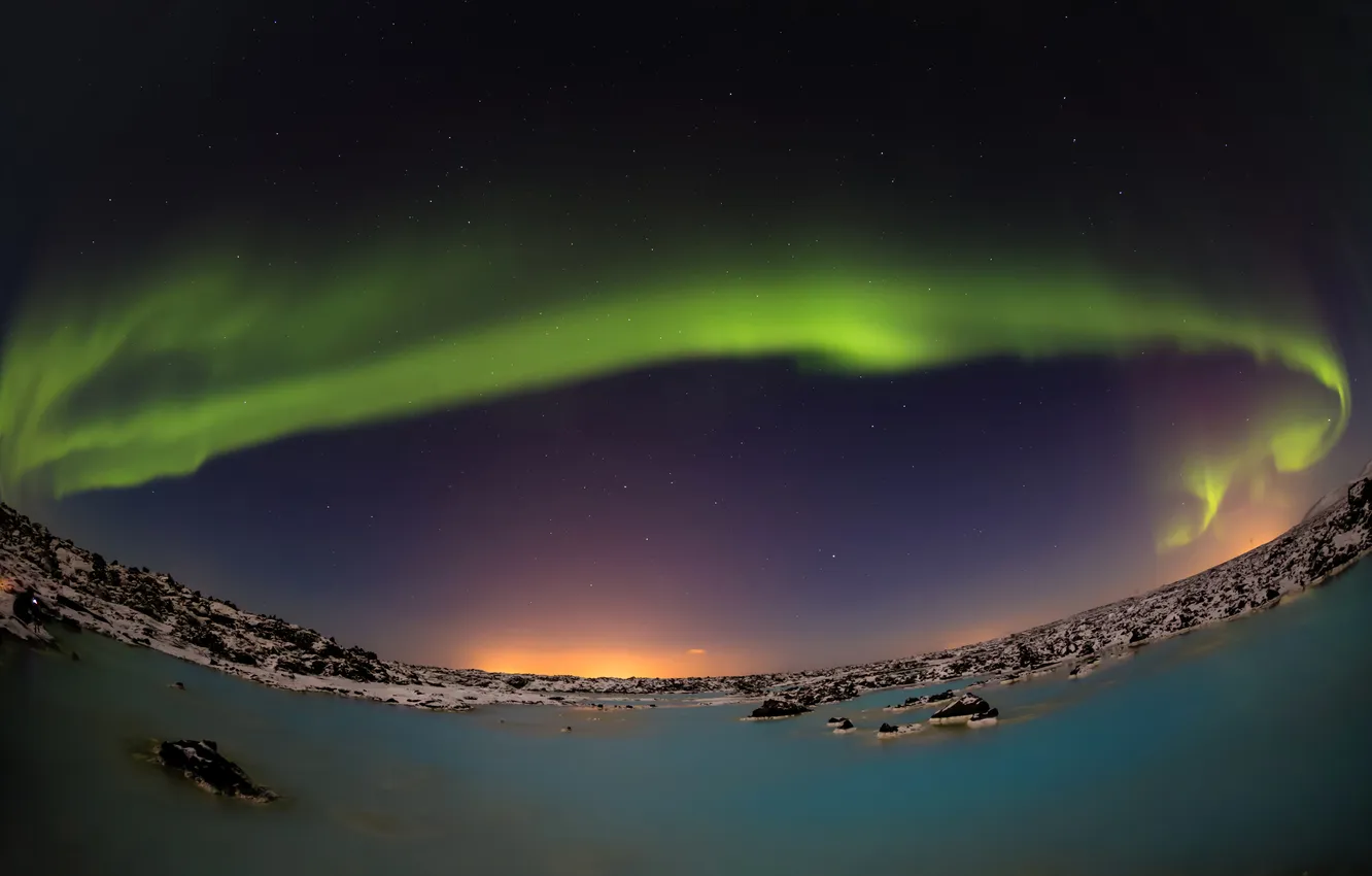 Photo wallpaper the sky, stars, night, lake, lights