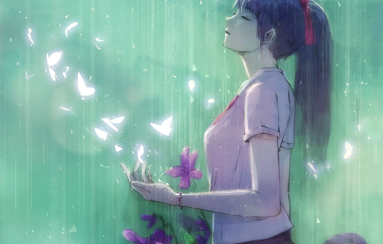 Photo wallpaper butterfly, schoolgirl, water drops, violet, closed eyes, in the rain, summer rain, by Binggrae Jong