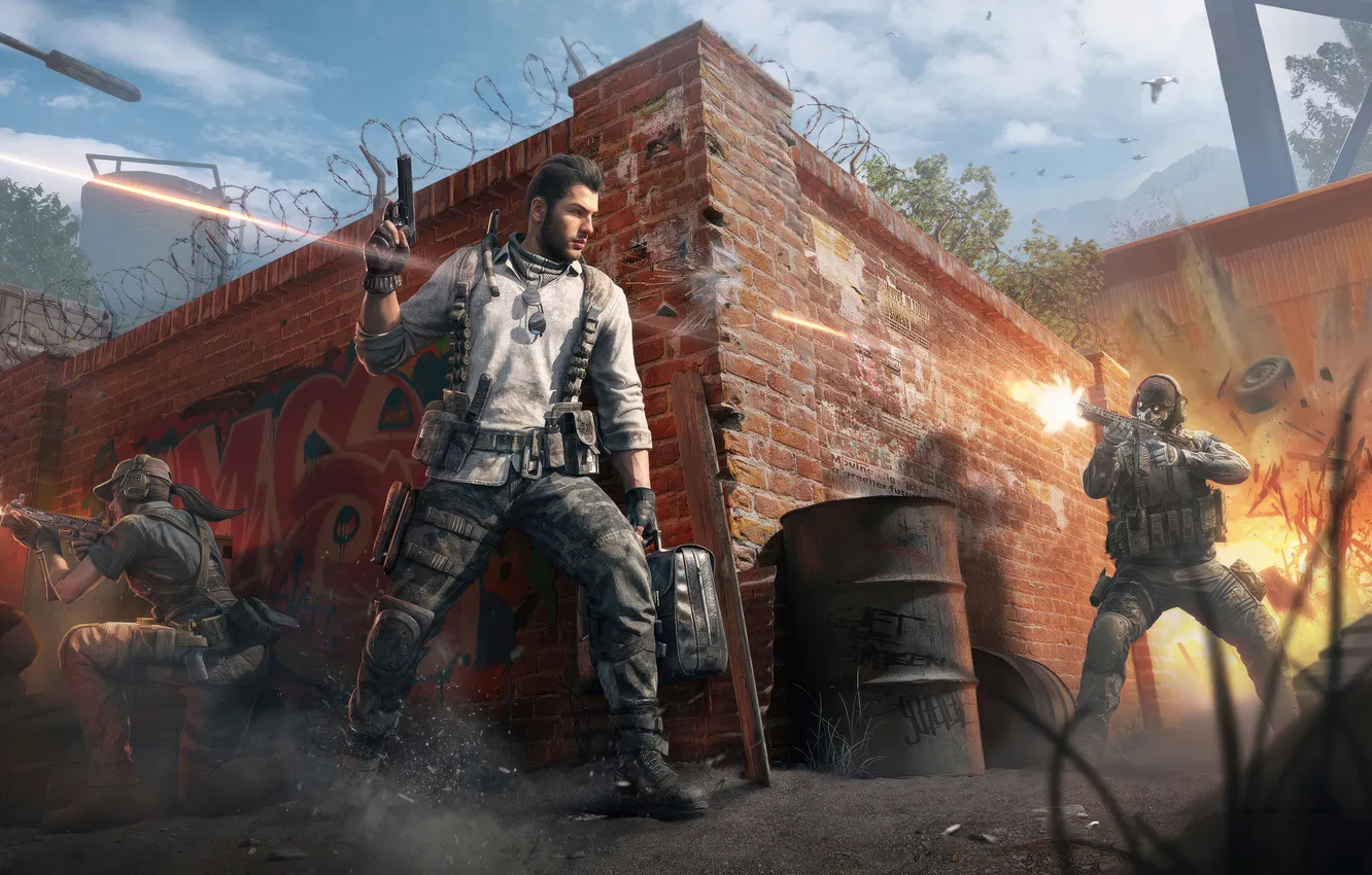 Photo wallpaper explosion, battlefield, girl, gun, pistol, call of duty, soldier, weapon