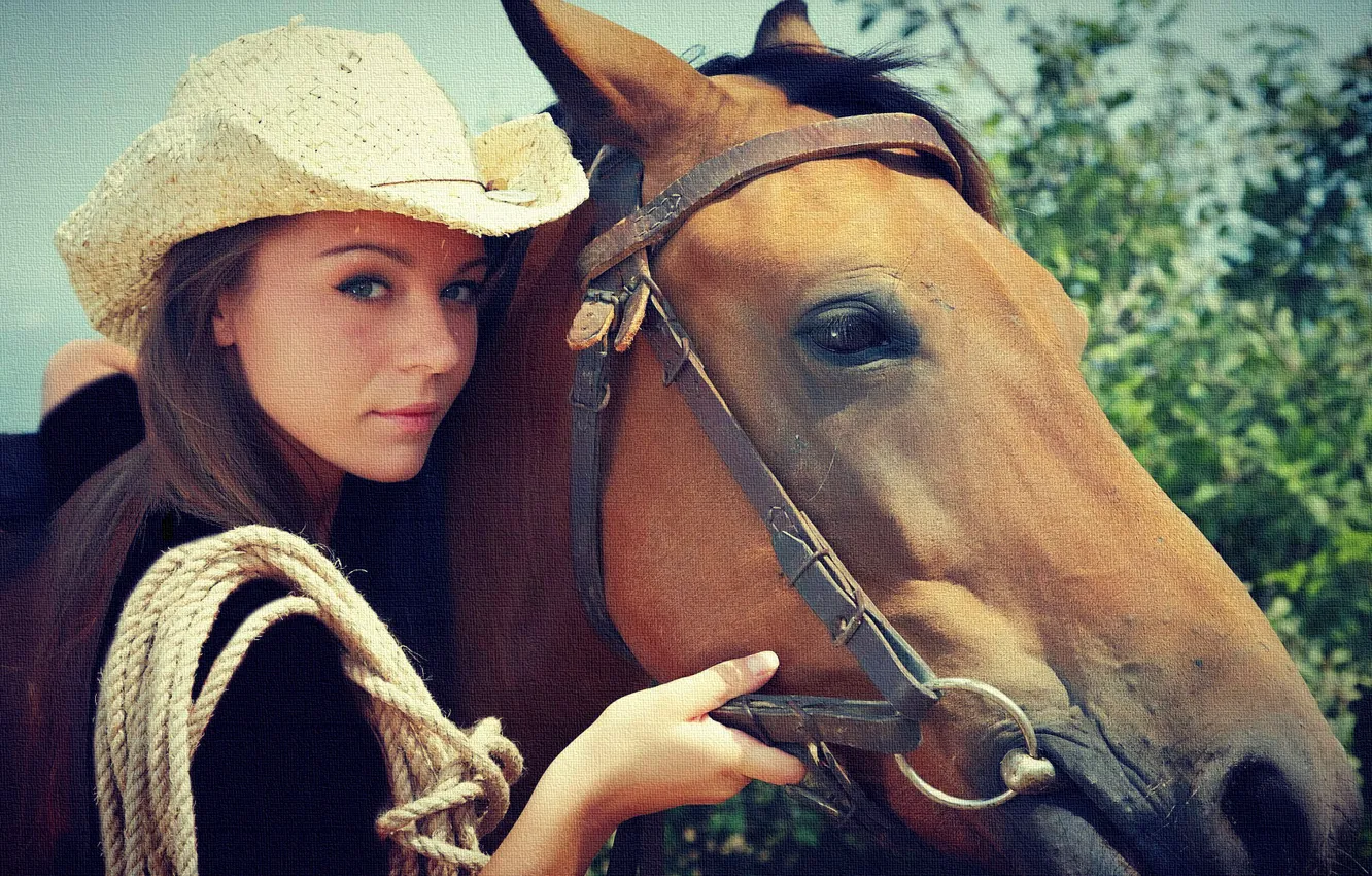 Photo wallpaper hat, brunette, horse, Cowgirl, girl. teen