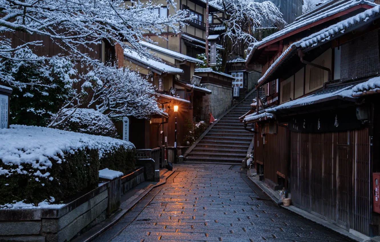 Photo wallpaper Home, Winter, Road, The city, Japan, Snow, Ladder, Street
