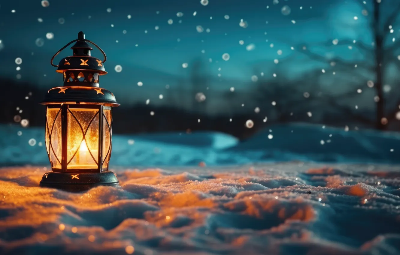 Photo wallpaper winter, light, snow, trees, night, new year, candles, Christmas