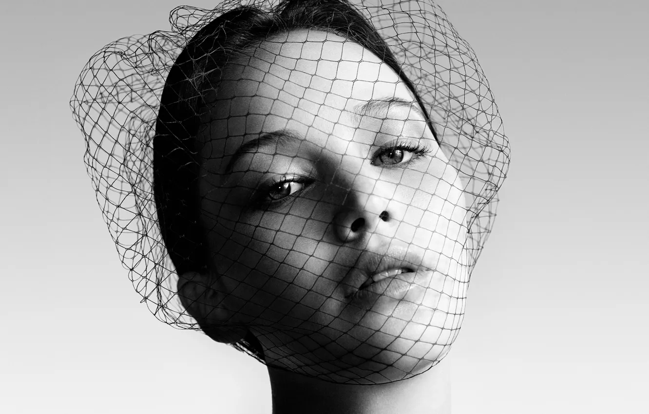 Photo wallpaper black and white, actress, veil, Jennifer Lawrence
