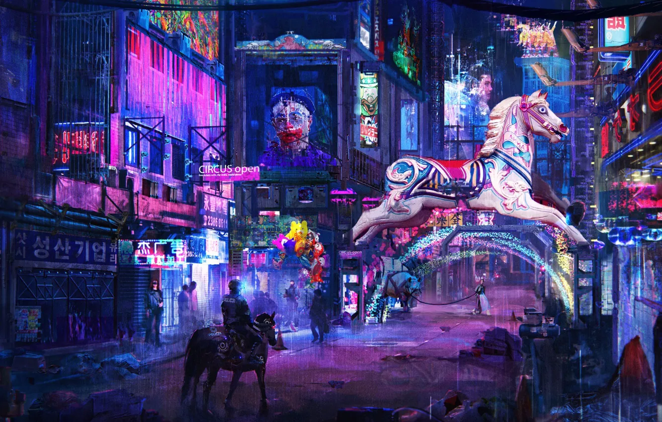 Photo wallpaper the city, fiction, street, horse, advertising, sign, cyberpunk