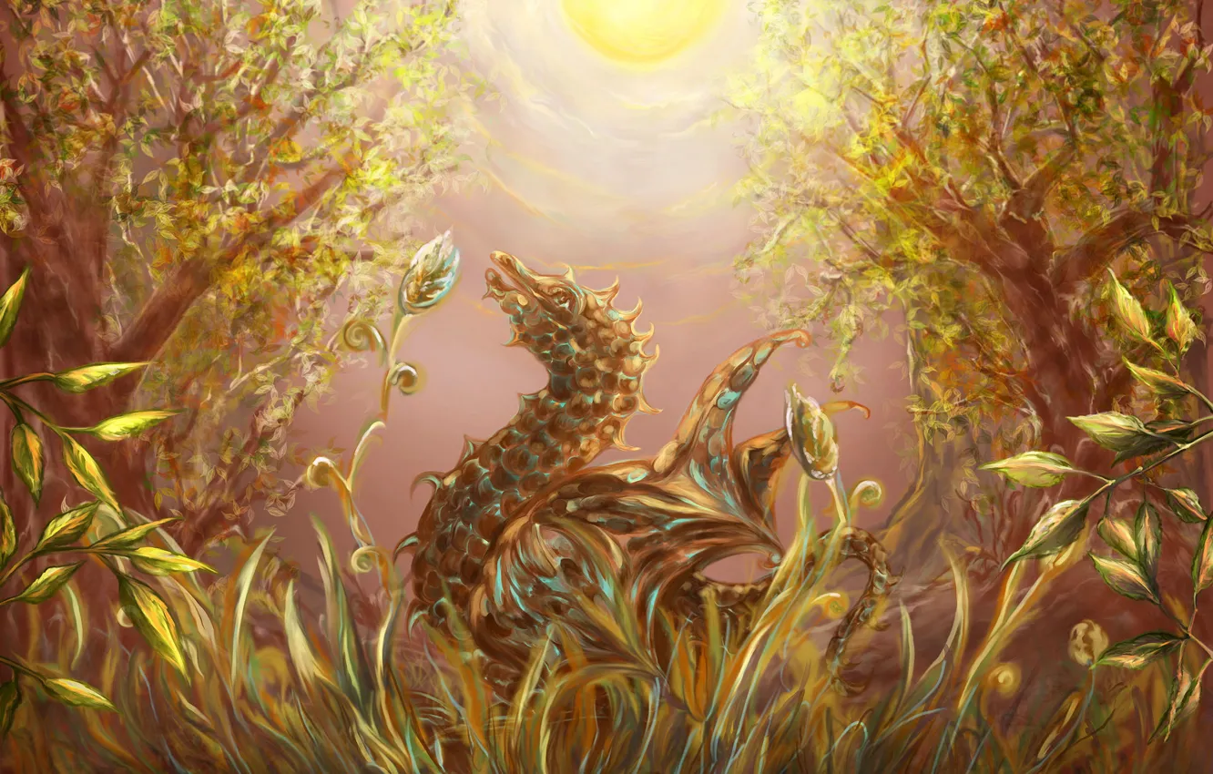 Photo wallpaper forest, grass, the sun, light, trees, dragon