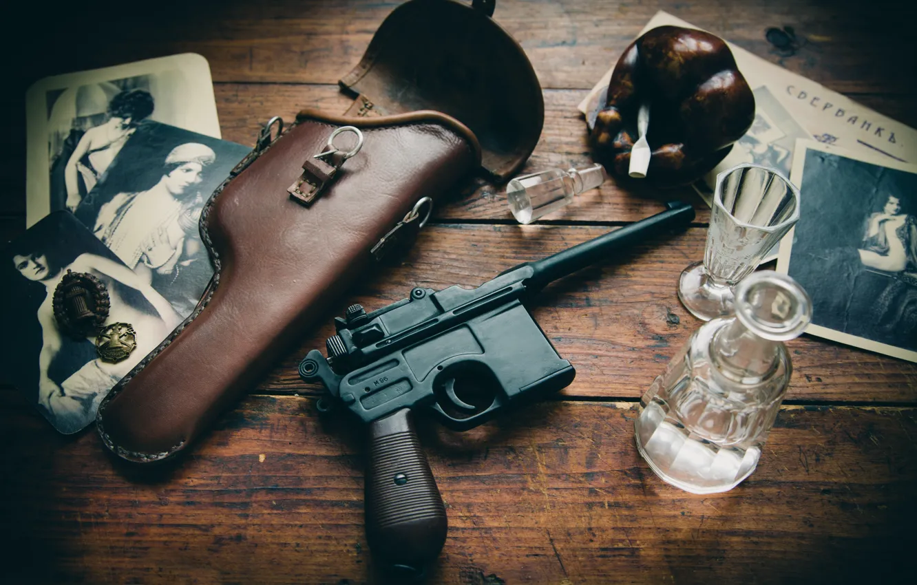 Photo wallpaper photo, gun, weapons, table, ashtray, glass, holster, store