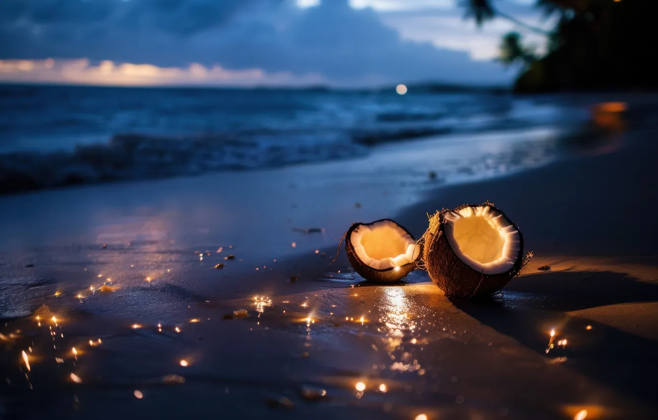 Photo wallpaper sand, sea, beach, the sky, light, tropics, lights, palm trees