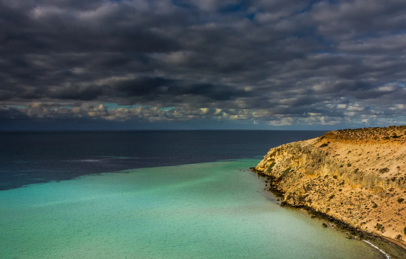 Photo wallpaper sea, the sky, clouds, clouds, overcast, rocks, shore, dal