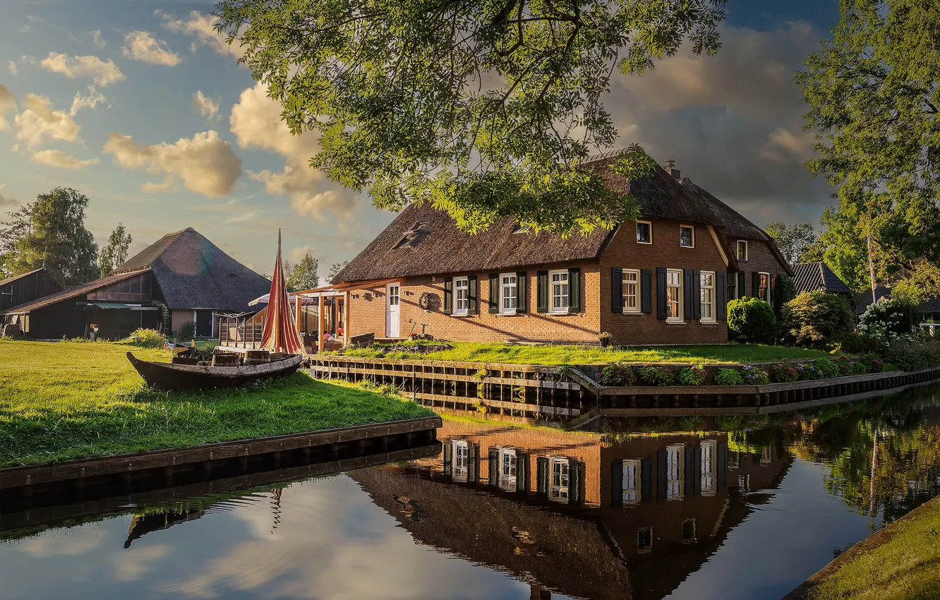 Photo wallpaper home, reflection, shore, channel, house, branches, clouds, boat
