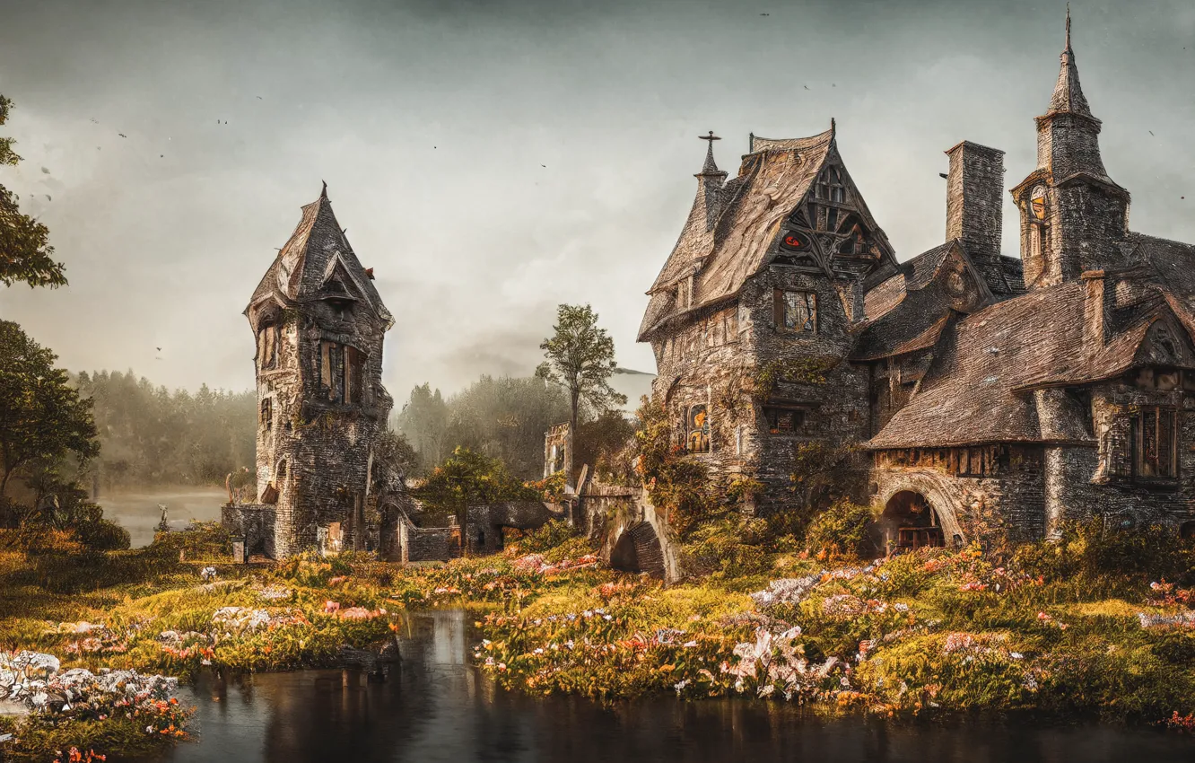 Photo wallpaper the sky, landscape, nature, lake, pond, castle, overcast, bird