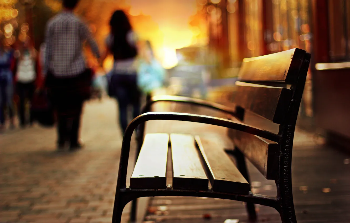Photo wallpaper girl, bench, background, blur, the evening, shop, shop, guy