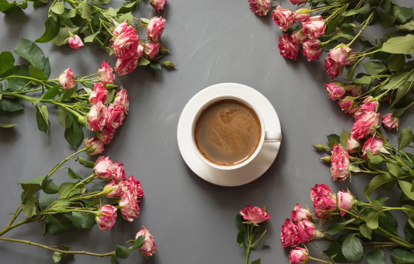 Photo wallpaper tea, roses, bouquet, Cup, Lazhko Svetlana